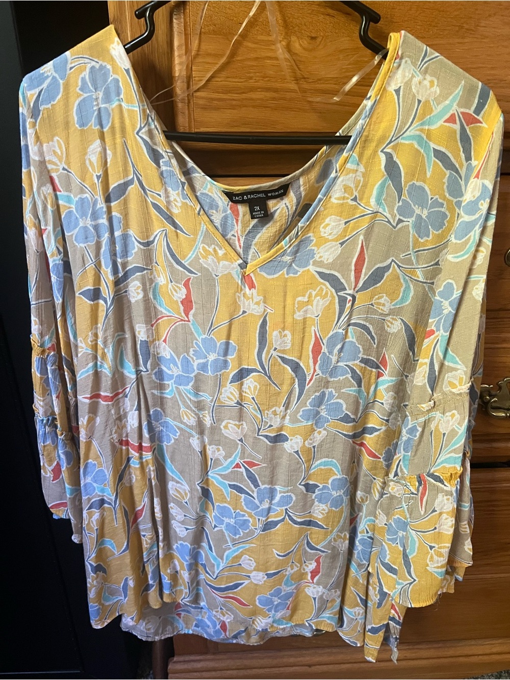Zac & Rachel Yellow Floral V-Neck Tunic with Light Blue Blooms